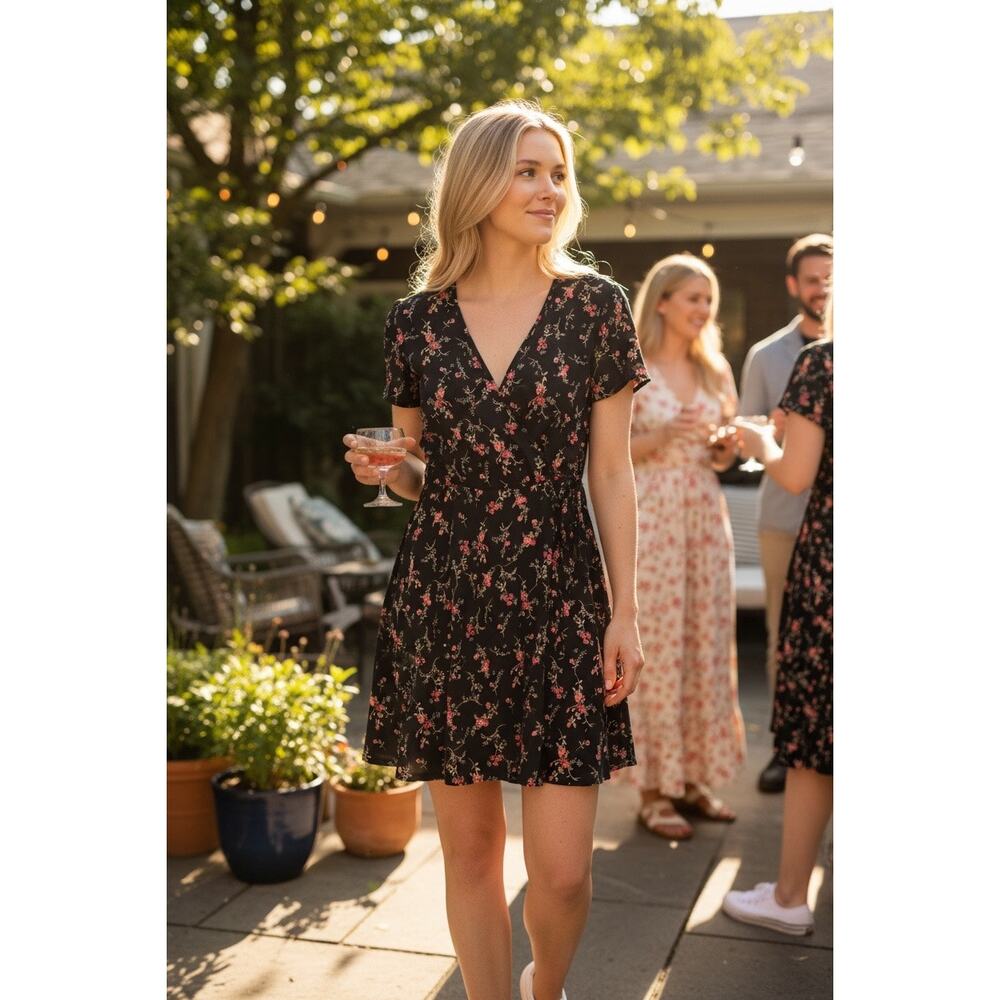 Kaileigh Kaela Floral Faux Wrap Dress XL Fit & Flare Flutter Sleeve NEW